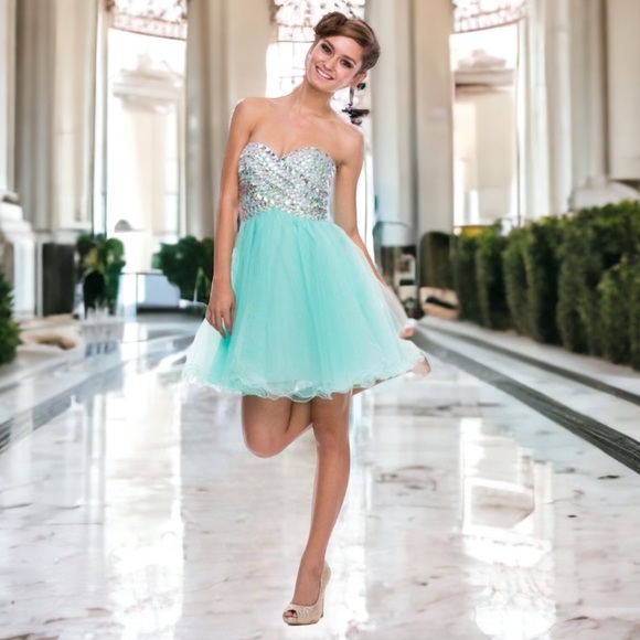 MED Soft Pastel Mint Jewel Embellished Strapless Bodice Flirty Tulle Skirt Dress - Picture 1 of 7